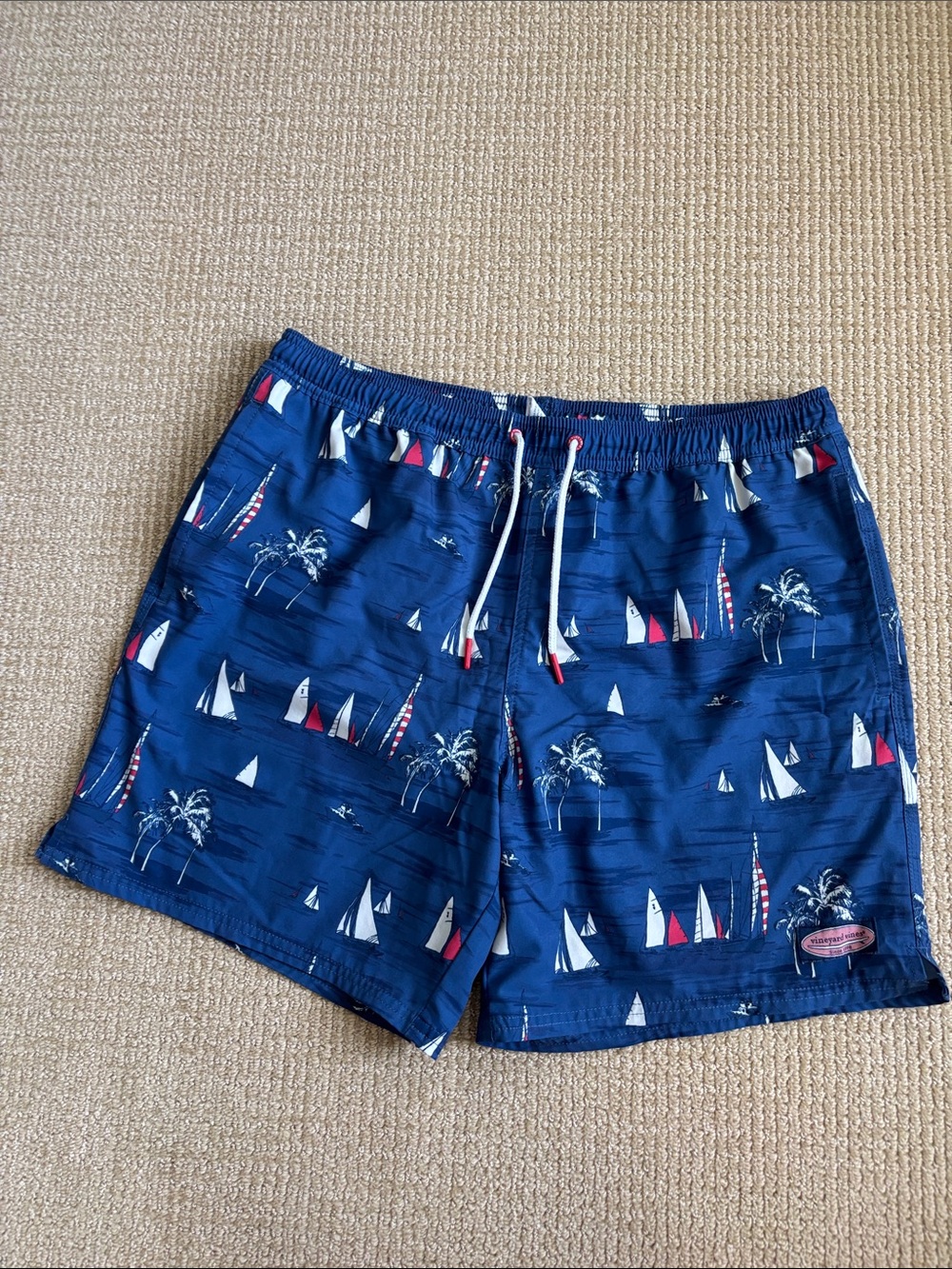 Vineyard Vines Navy Sailboat & Palm Print Swim Trunks with White Drawstring